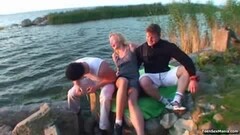 Cute teen gets gangbang outdoors Thumb