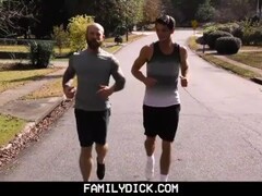 FamilyDick - Older tattooed muscle daddy coaches virgin step son on thick cock Thumb